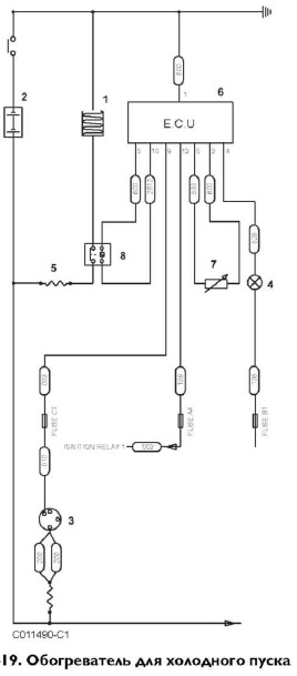Подогреватель системы холодного пуска двигателя экскаватора-погрузчика JCB 3CX, JCB 4CX. Электрическая схема